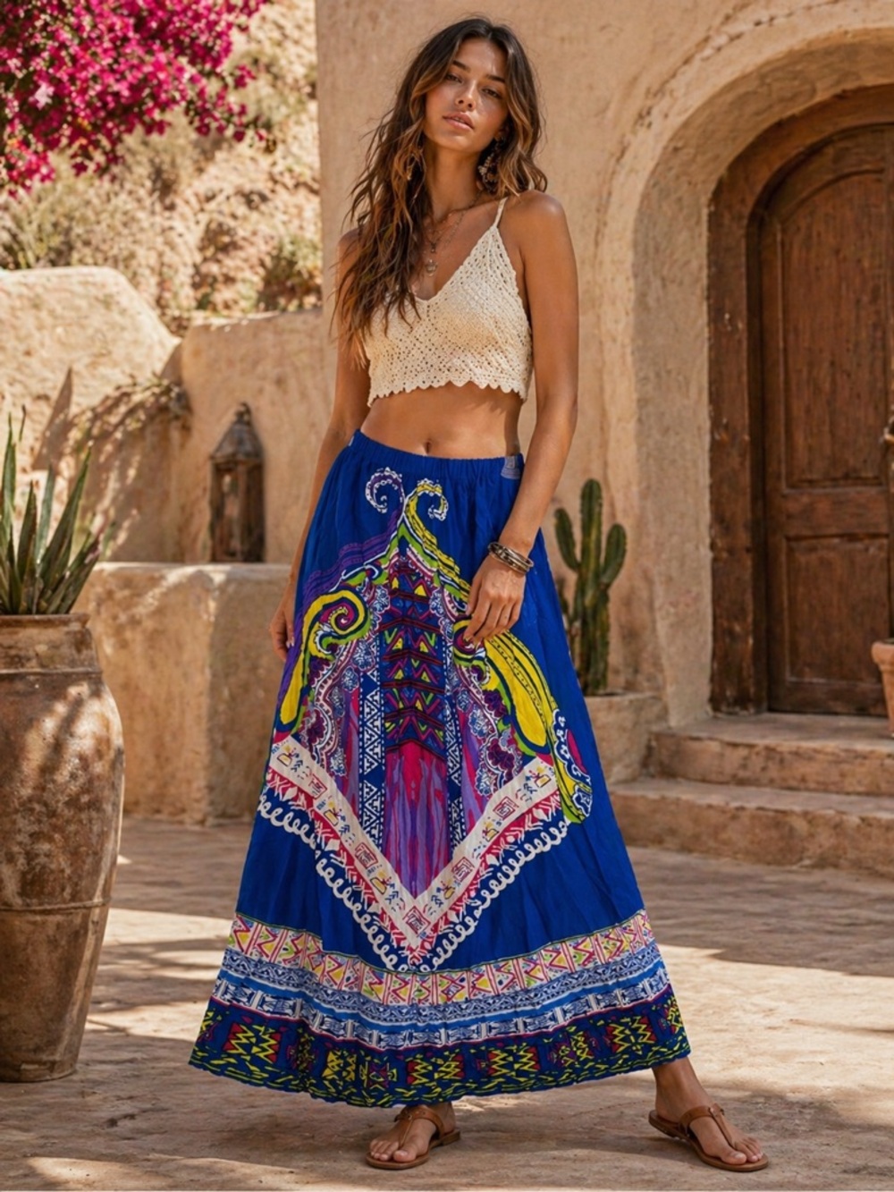 Magic Blue Boho Maxi Skirt Size Small | Vibrant Aztec Floral Print Elastic Waist
